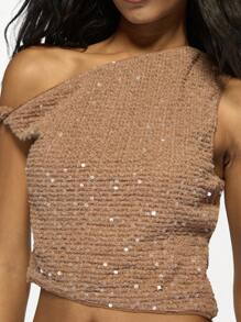 MISSGUIDED 亮片两件套套装，无袖单肩露脐上衣搭配长裙，适合派对、晚宴、特殊场合，闪亮质感。 - 棕色 - 查看 3