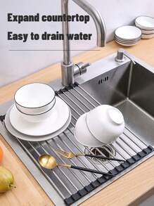 1 Pc Over The Sink Dish Drying Rack, Roll Up Dish Drying Rack Kitchen Dish Rack Stainless Steel Sink Drying Rack, Foldable Dish Drainer Folding Stainless Steel Drain Rack For Sink, Multifunctional Bowl, Plate, Vegetable And Fruit Storage, Drain Curtain For Kitchen,Black(9/11/13in)