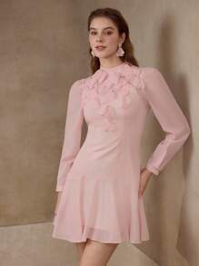 MOTF PREMIUM APPLIQUES RUFFLE HEM DRESS - Pink - View 4