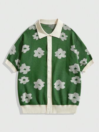 Street Life ملابس علوية كنزة ذات زر أمامي قصيرة الأكمام بنقشة لمسات بنقاط للرجال