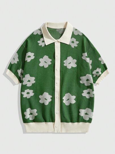 Street Life Maglia girocollo da uomo a tinta unita, con davanti in patchwork e bottoni, dalla lavorazione jacquard, a maniche corte semplice