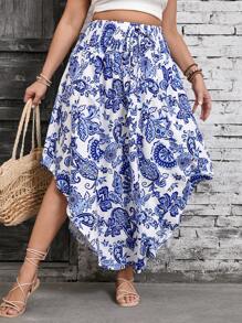 SHEIN VCAY Plus Size Holiday Blue & White Mixed Retro Print Drawstring Waist Asymmetrical Hem Boho Loose Casual Beach Skirt, Western Wear For Women, Festival, Boho, Hippie, Cowgirl Outfit, Bohemian, Summer Outfits For Women, Beach, Summer Clothes For Women, St. Patrick's Day Outfit, Spring Outfits For Women