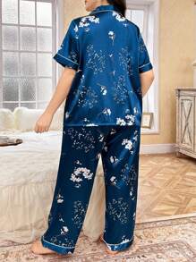 CottageSlumber Floral Print Faux Silk Lapel Collar Plus Size Pajama Set, Cozy And Elegant Details - Blue - View 2