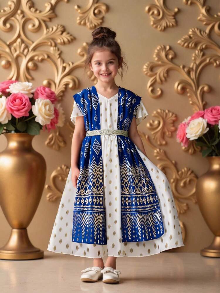 Young Girl Geometric Patchwork Tie-Waist Dress With Gold Foil Print Shawl
