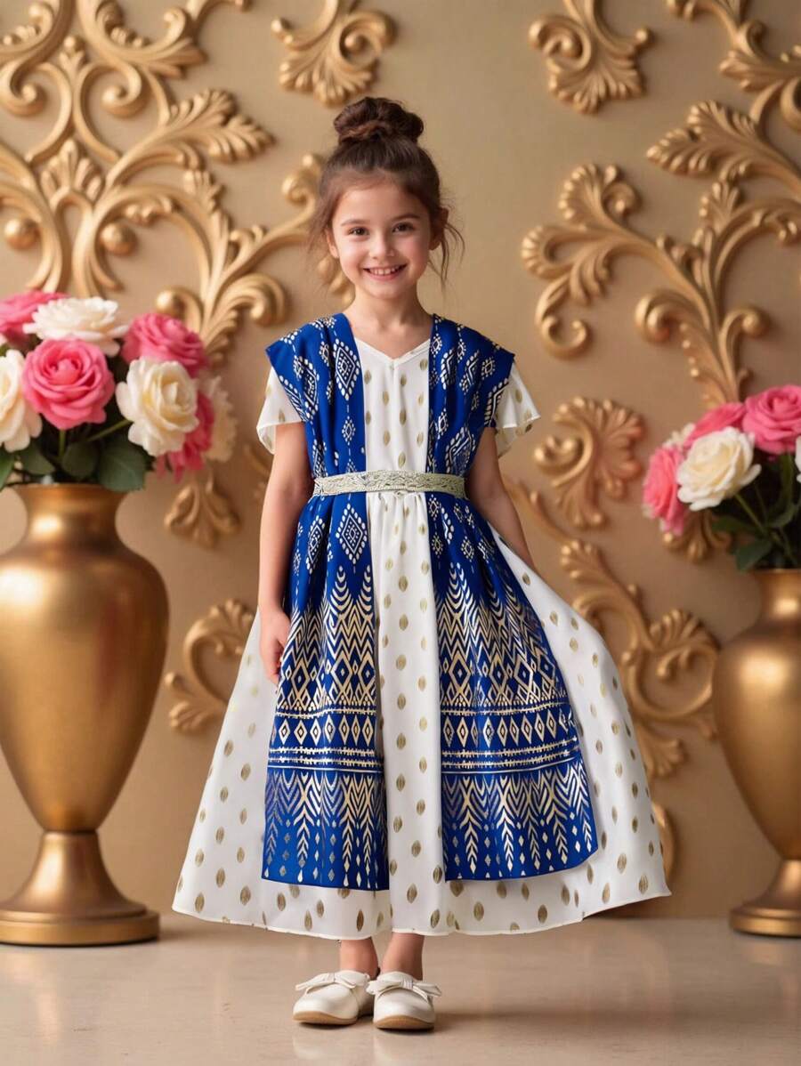 年轻女孩几何拼布系腰连衣裙搭配金箔印花披肩 - 藍色 - 查看 1