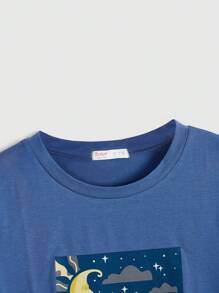 Artlesscauliflower Camiseta de Manga Curta Casual com Estampa Floral e Lua e Sol, Verão - Azul - Visão 3