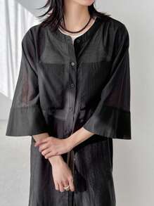 FRIFUL 女士黑色透明长夹克、透明衬衫春季外套