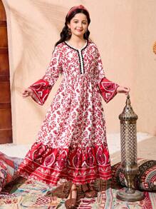 Tween Girls Loose Flare Sleeve Dress For Vacation - Multicolor - View 1