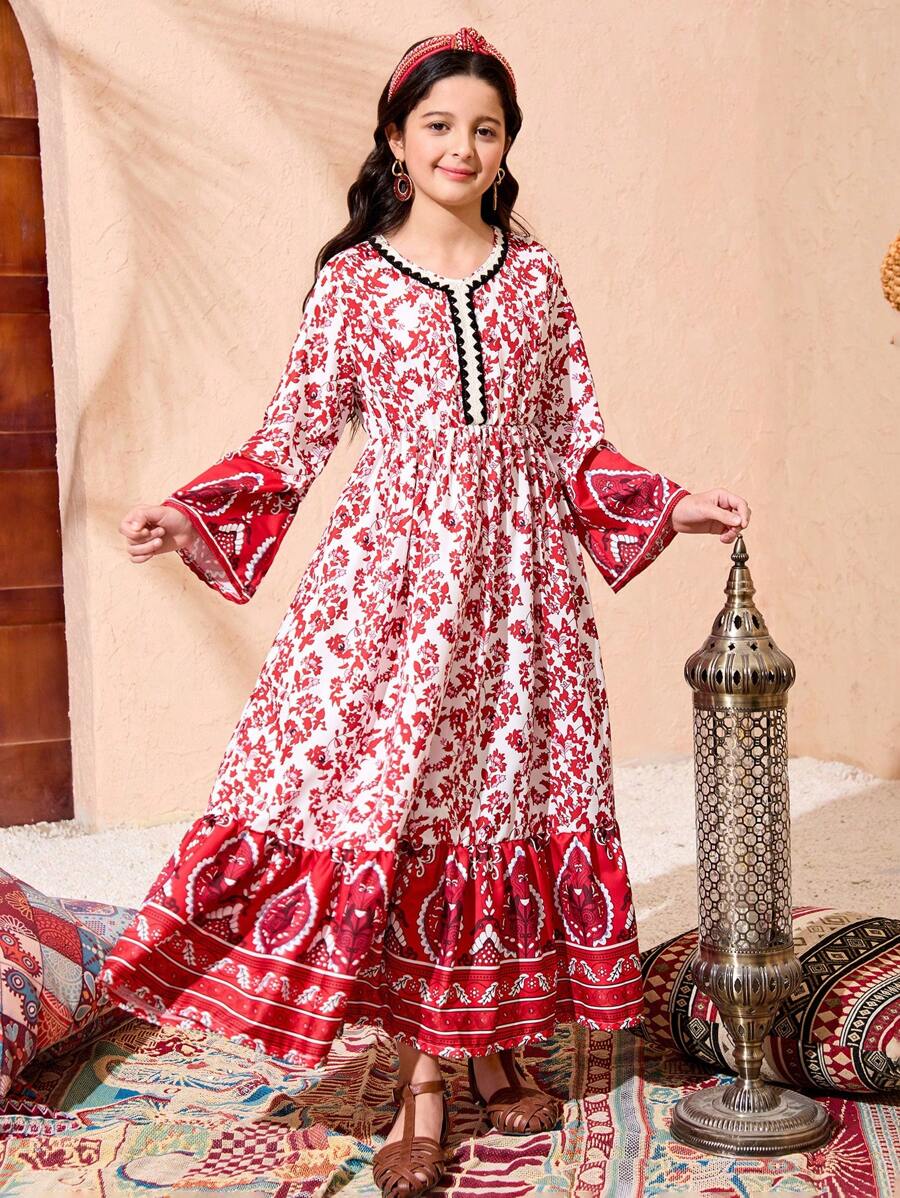 Tween Girls Loose Flare Sleeve Dress For Vacation - Multicolor - View 1