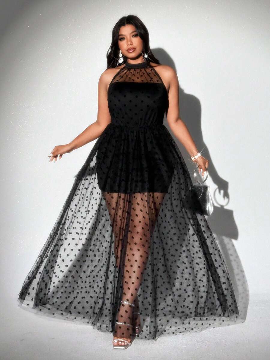 Viva Relle Plus Size Sexy Polka Dot Mesh Sleeveless A-Line Dress - Black - View 1