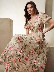 Anewsta 时尚优雅刺绣花卉 V 领 A 字中长裙，适合情人节、暑假、新年装扮 - 淺粉色 - 查看 5