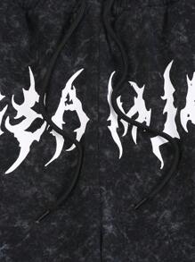 ROMWE MEN Goth 男士复古风前系带口袋简约休闲水洗短裤 - 黑色 - 查看 4