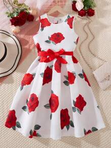 Tween Mädchen Sommer Neue Rose Blume Drucken Geraffte Taille Ärmelloses Kleid - Rot - Übersicht 1