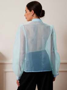 Revavyn Áo cánh tay đèn lồng cổ bèo nhún organza thanh lịch lãng mạn kiểu Pháp, thích hợp cho ngày lễ tình nhân, mùa xuân và mùa hè - Màu xanh lam - Xem 2