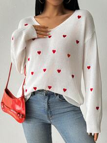 Chiquease Women's Regular Drop Shoulder V-Neck Embroidered Heart Pattern Lightweight Loose Casual Knitted Sweater Fall Winter - Multicolor - View 4