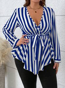 Maweii Plus Size Striped Printed Cross Collar Asymmetrical Hem Blouse Peplum Top - Blue - View 5