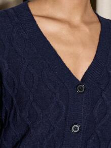 AiiRZ Luxury Cable Knit Button-Front Cardigan With Varsity Stripe Cuffs V-Neck Designer Knitwear Chunky Winter Sweater Cozy Holiday Fashion - Navy Blue - View 6