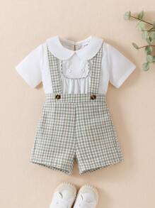 Souflis Souflis 2 件男婴绅士装：纯色 Polo 衫 + 可调节腰部格子短裤