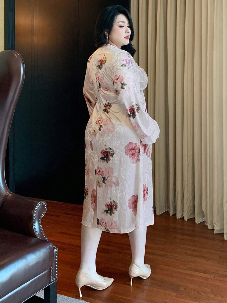 Dazy Plus Plus Size Floral Pattern Full Length Wrap Velvet V-Neck Dress, Holiday Vacation Beach Wear, Spring/Summer, Fall Clothes Long Sleeve Dress Maxi Dress