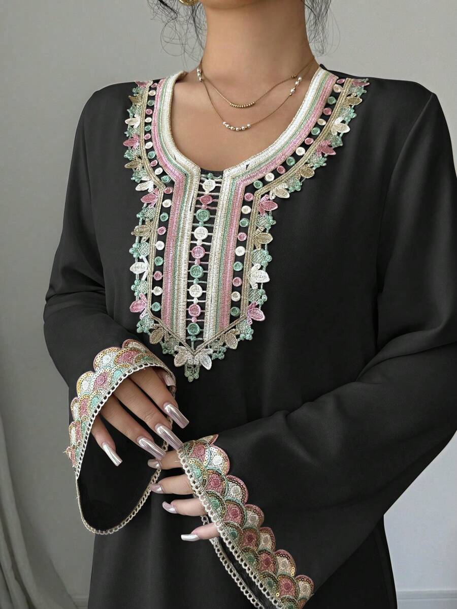 Al Najma Đầm Ả Rập đơn giản, tay dài màu khối cho nữ, Kaftan khiêm tốn - màu đen - Xem 1