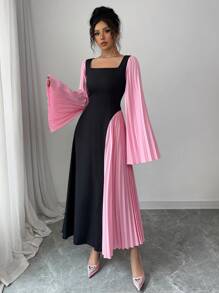 Modelyn 女士撞色拼接长袖休闲中长连衣裙 - 黑色 - 查看 5