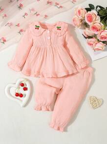 2 件装女婴粉色睡衣套装，可爱优雅休闲荷叶边领披肩长袖裤子家居服 - 粉色 - 查看 1