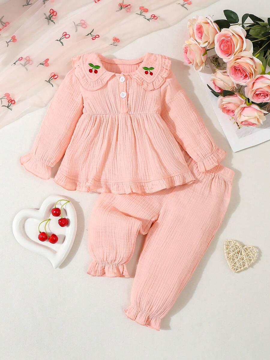 2 件装女婴粉色睡衣套装，可爱优雅休闲荷叶边领披肩长袖裤子家居服 - 粉色 - 查看 1