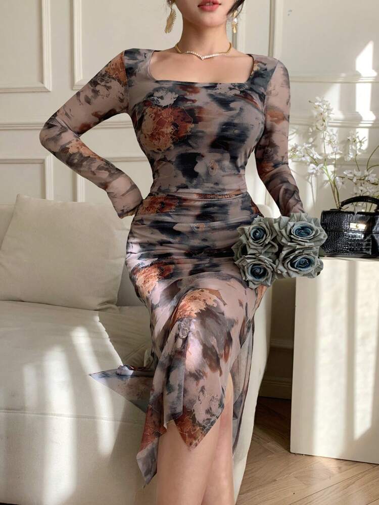 Plant Floral Print Tie-Dye Fitted Crew Neck Mid-Calf Dress For Women Elegant,Fall Dress Long Sleeve Dress
