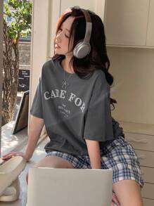 DAZY 2pcs Women's Loose Plaid Shorts Sleepwear Set With English Letter Print Pajama - Grey - View 1