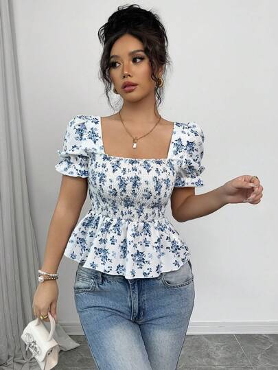 Elenzga Blusa de mujer con estampado floral diminuto, mangas abullonadas y dobladillo con volantes