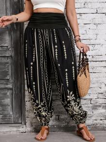 SHEIN VCAY 加大码波西米亚风黑色针织弹力腰混合图案哈伦裤，波西米亚风，女士西部风情，牛仔风，女士夏季风，海滩风，女士夏季风，圣帕特里克节风，女士春季风，伊比沙岛风 - 黑色 - 查看 3