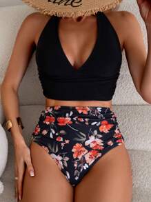 Swim Vcay Women's V-Neck Sleeveless Halter Back Strap Floral Pattern Tankini Set, For Summer Beach Vacation - Multicolor - View 3