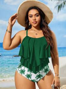 Swim Lushoire 2pcs Plus Size Women Strap High Waist Tankini Bikini Set, For Summer Beach Vacation - Green - View 6