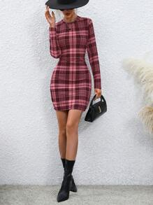 SHEIN Clasi 1pc Women Plaid Print Round Neck Pleated Elegant Long Sleeve Dress For New Year Clothes Fall Cloth For Women - Hot Pink - View 5