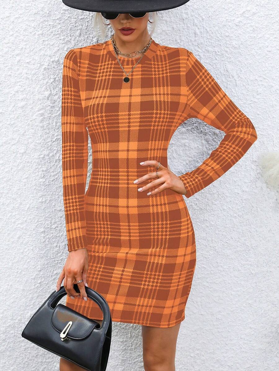 SHEIN Clasi 1 件女士格子印花圆领褶皱优雅长袖连衣裙新年衣服 - 亮橙色 - 查看 1