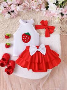 Baby Girl Casual Everyday Bee Printed Dress & Pants 2Pcs Set - Red - View 6