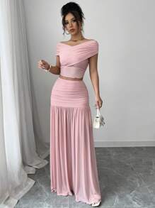 Elenzga 2 món/Bộ trang phục thường ngày đơn giản bó sát màu trơn cho nữ và váy - Hồng - Xem 5