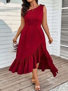 SHEIN VCAY 大码情人节度假浪漫红色中国新年不对称肩部 3D 花朵装饰前开衩连衣裙，适合情人节、西方、节日、波西米亚风、嬉皮士、女牛仔、波西米亚风、夏季连衣裙、浪漫连衣裙、红色优雅连衣裙 - 紅色 - 查看 1