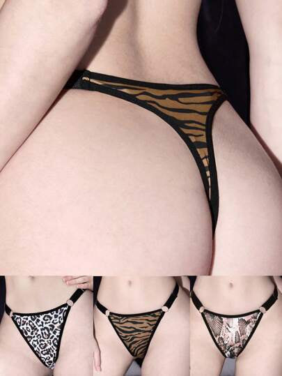Grunge Punk 3pcs/Pack Goth Dark Punk Hippie Y2K Zebra, Leopard, Snake Print Pattern Thong Underwear Set
