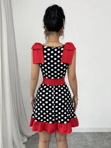 Rafferiza Women Square Neck Sleeveless Polka Dot Bowknot Dress, Minimalist Design - Black - View 2