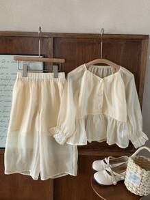 DAZY 2pcs Young Girl V-Neck Woven Shirt + Pants Set, Spring & Summer - Pink - View 1