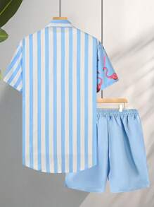 Manfinity RSRT Men's Flamingo Stripe Single Breasted Short Sleeve Shirt And Shorts Holiday Casual Set - Blue - View 2
