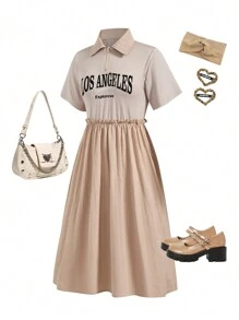 SHEIN 1 件 Tween 女童卡其色时尚休闲连衣裙 - 卡其色 - 查看 7