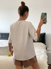 Livesso 2 stk. sæt dame ensfarvet løstsiddende korte ærmer shorts pyjamassæt, nattøj - Lysegrå - Vis 2