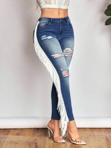 SHEIN SXY Jeans de talle bajo rasgados para mujer, nueva moda de verano con flecos laterales, pantalones vaqueros elásticos sexy y ajustados. - Azul - Ver 3
