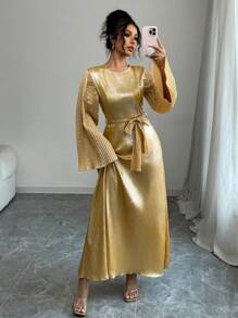 Chiquease Women's New Round Neck Fitted Pleated Long Sleeve Elegant Tie-Waist French Style High-End Dress, Spring/Summer - Gold - View 1