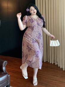 Dazy Plus Plus Size Purple Ditsy Floral V-Neck Puff Sleeve Dress, Soft And Romantic, Holiday & Beach Style, Spring/Summer Sundress