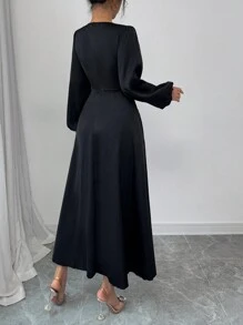 Modelyn 女士水钻装饰长袖方领简约休闲优雅长裙 - 黑色 - 查看 2