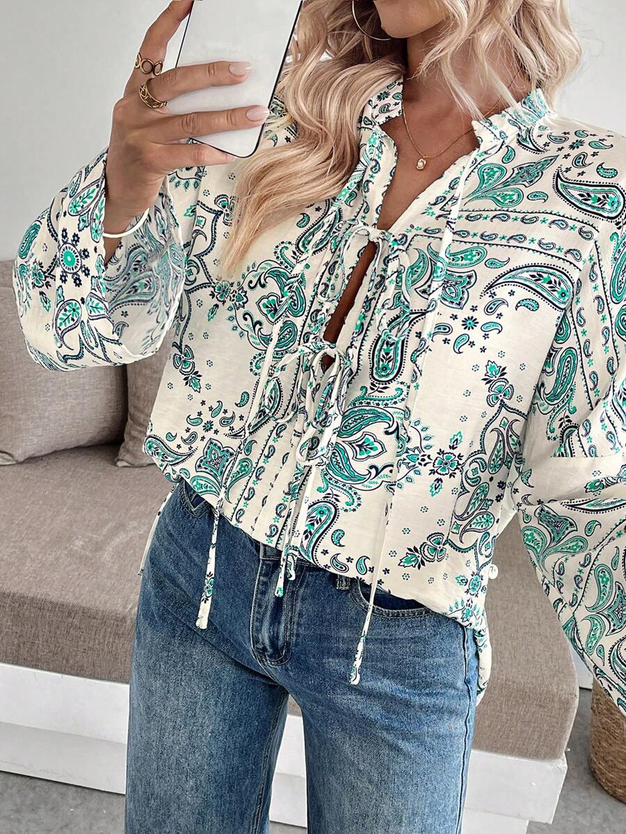 SHEIN LUNE Beige Autumn Boho Vacation Holiday Women Linen Printing Loose Long Sleeve Blouse,Bohemian Festival Western Wear Vintage Tie Detail Side Slit Blouse - Multicolor - View 1