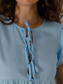 Aralina Schickes Sommer-Urlaubs-Ausgeh-Oberteil mit Puffärmeln, Schleife und geschichtetem Peplum-Bauernhemdsaum